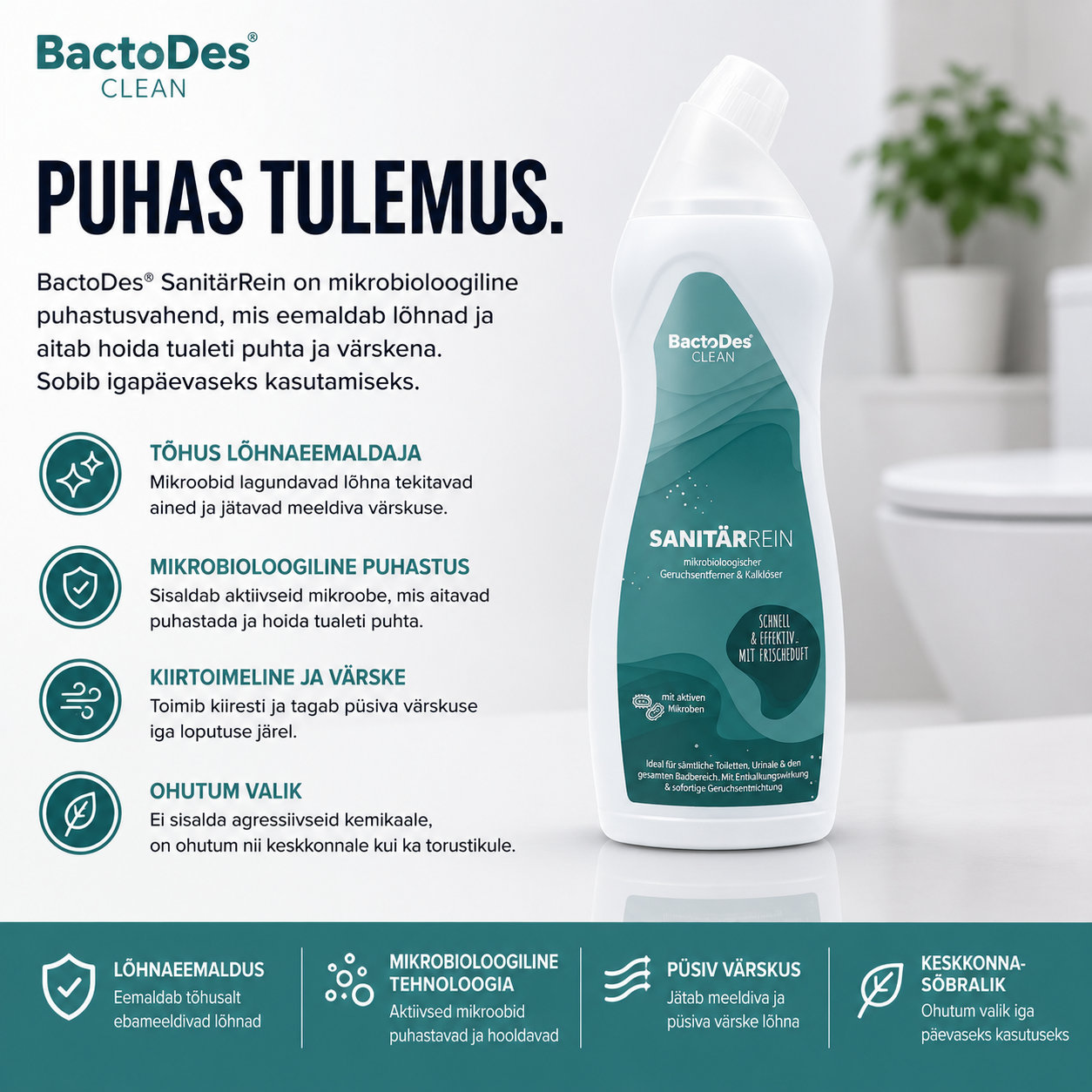 BactoDes® SanitärRein – mikrobioloogiline sanitaarpuhastusvahend ja lõhnaeemaldaja 750 ml